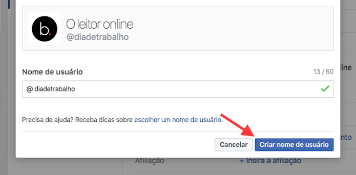 Opção para definir um novo nome de usuário e URL em uma página do Facebook (Foto: Reprodução/Marvin Costa)