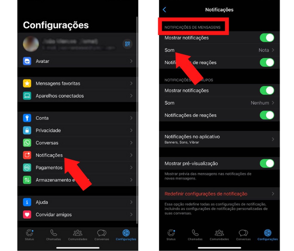 Opção “Notificações” está localizada nas configurações do mensageiro  — Foto: Reprodução/Mariana Tralback