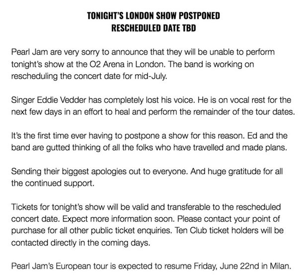 Pearl Jam comunicado  (Foto: Reprodução)