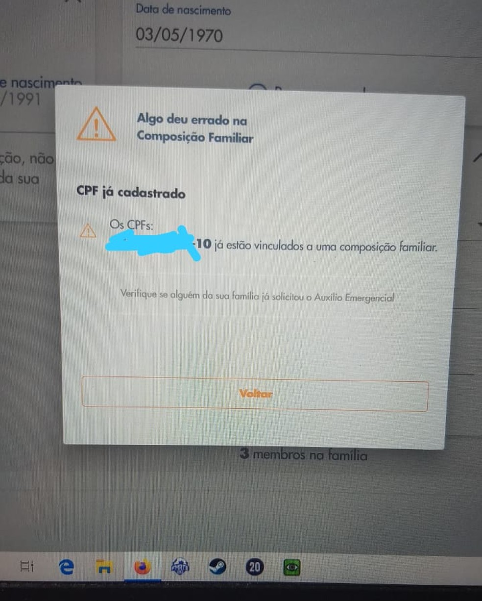 Moradora de Maceió relata problema para corrigir dados do cadastro do auxílio emergencial — Foto: Arquivo Pessoal