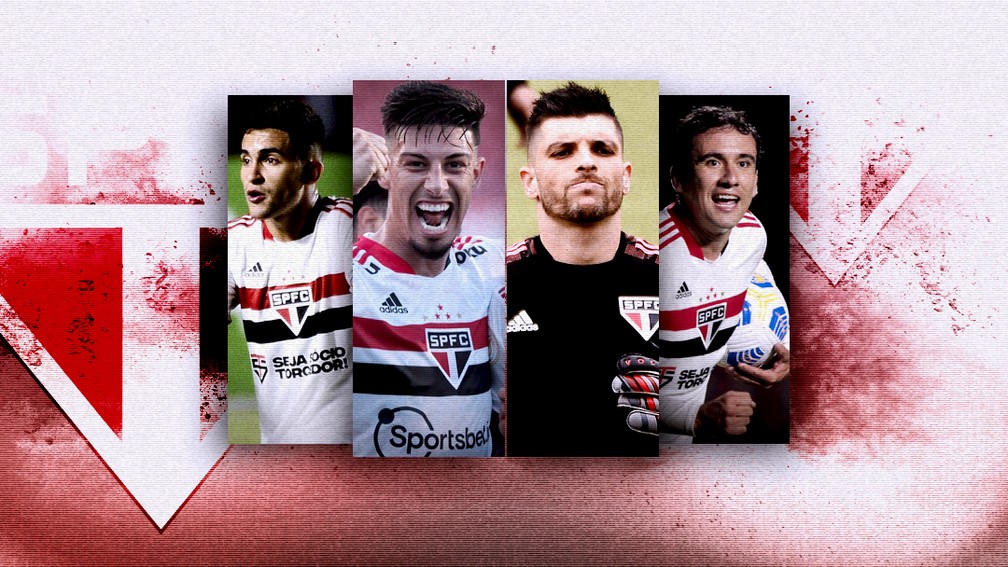 Nestor, Rigoni, Tiago Volpi e Pablo, jogadores do São Paulo — Foto: ge