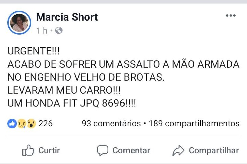 Marcia Short teve carro roubado em Salvador â€” Foto: ReproduÃ§Ã£o/Facebook