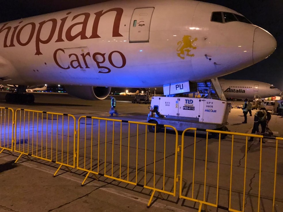Chegada do avião em São Paulo, vindo da China, que trouxe carregamento de remédios para intubação de pacientes  — Foto: Divulgação