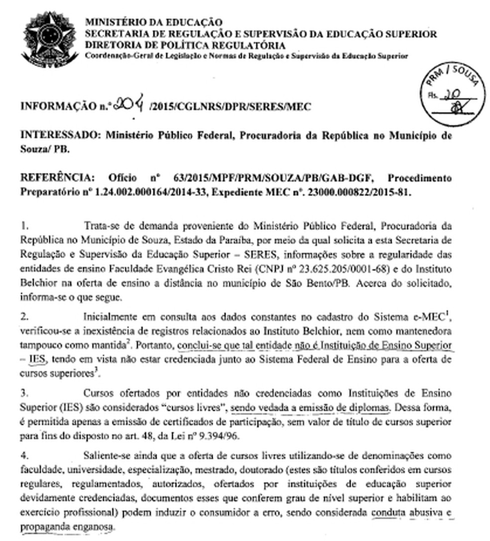 Nota técnica emitida pelo MEC ao Ministério Público da Paraíba em 2015 sobre as duas instituições de ensino denunciadas — Foto: Reprodução/Ministério Público da Paraíba