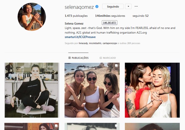 Perfil de Selena Gomez no Instagram (Foto: Reprodução)