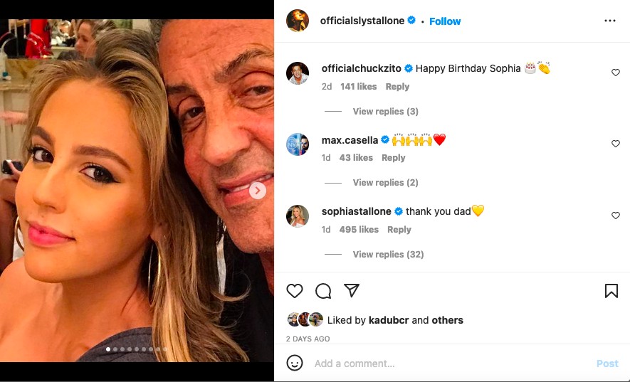 Um post recente de Sylvester Stallone comemorando o aniversário de 26 anos de sua filha mais velha (Foto: Instagram)