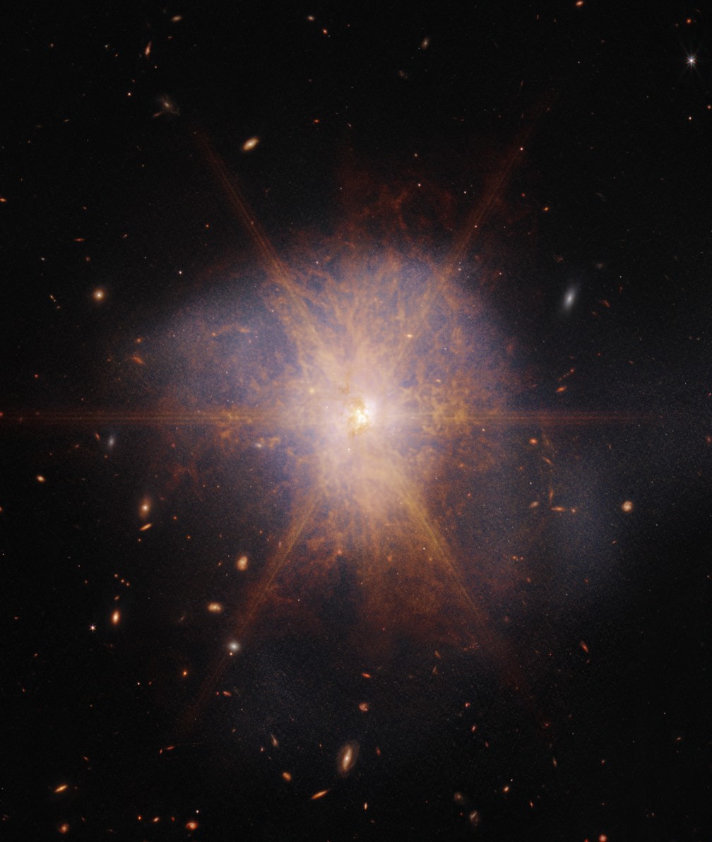 Na imagem Arp 220, como é chamado o encontro das duas galáxias em espiral. Nova foto é resultado de observação do supertelescópio James Webb. — Foto: NASA/ESA/CSA/DIVULGAÇÃO