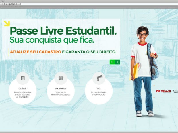 Tela do novo site do Passe Livre Estudantil; endereço entra no ar em 1º de março (Foto: Secretaria de Mobilidade/Reprodução)