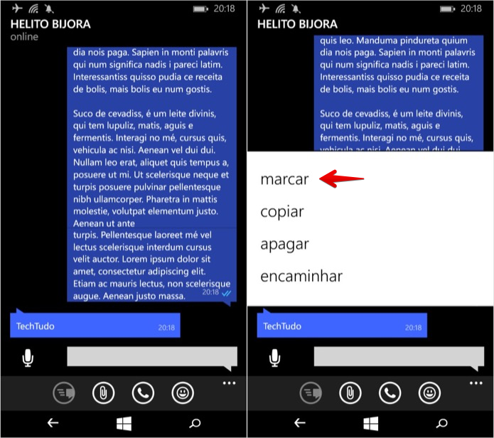 Marcando mensagens no WhatsApp para Windows Phone (Foto: Reprodução/Helito Bijora) 