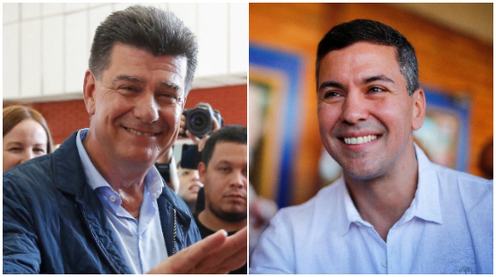 Candidatos Efrain Alegre e Santiago Pena votam durante eleição acirrada no Paraguai — Foto: REUTERS/Cesar Olmedo; REUTERS/Agustin Marcarian
