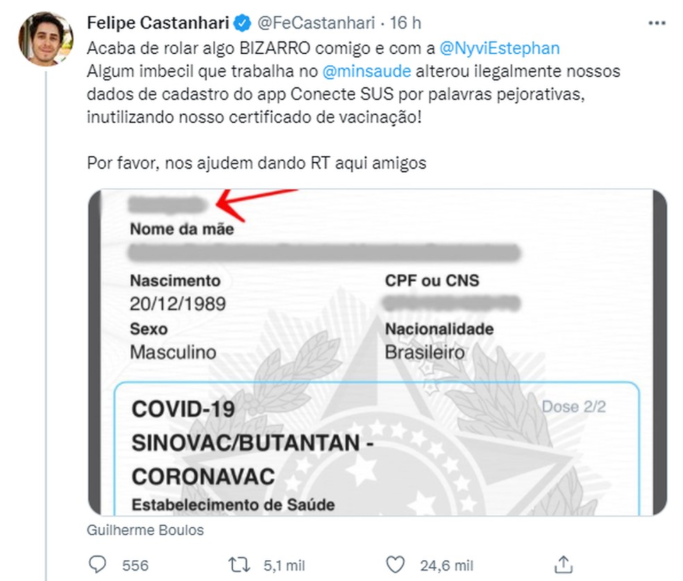 Felipe Neto Castanhari E Nyvi Estephan Afirmam Ter Dados Pessoais Alterados De Forma Ilegal Em Plataforma Do Sus Sao Paulo G1