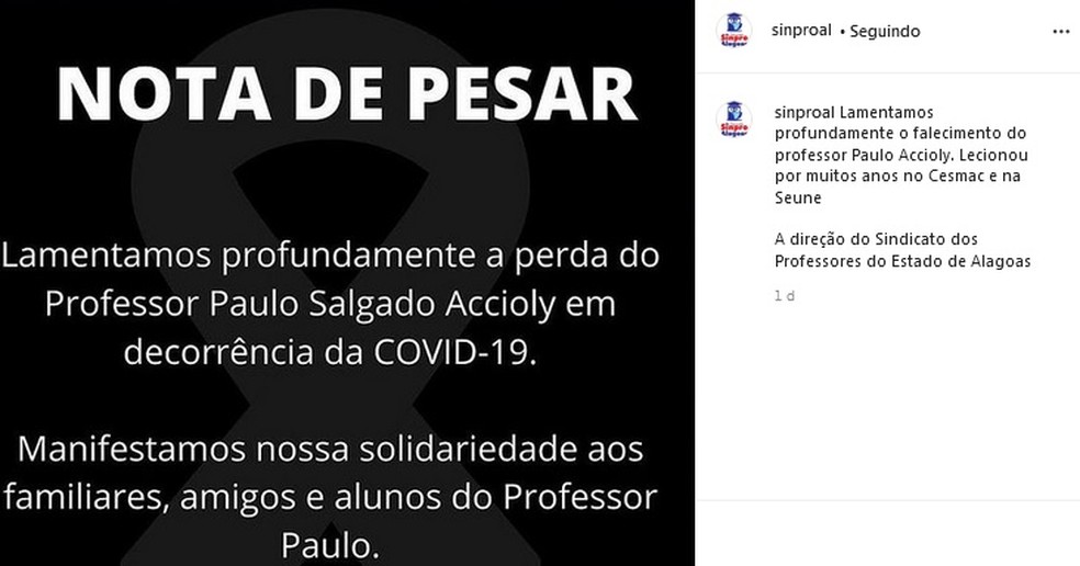Sindicato dos Professores de Alagoas divulga nota de pesar sobre o falecimento do professor Paulo Aciolly, que morreu de Covid-19 — Foto: Reprodução/Instagram