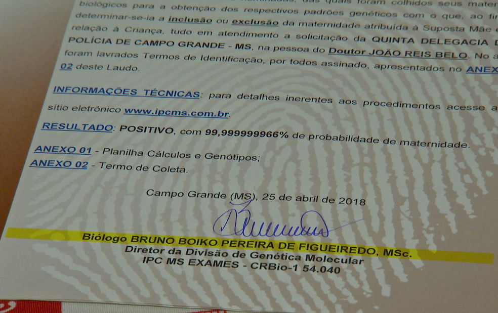 O laudo do DNA atestando que trata-se de mãe e filha (Foto: TV Morena )
