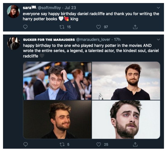 Os parabéns dos fãs de Daniel Radcliffe atribuindo a ele a autoria dos livros da franquia Harry Potter (Foto: Twitter)