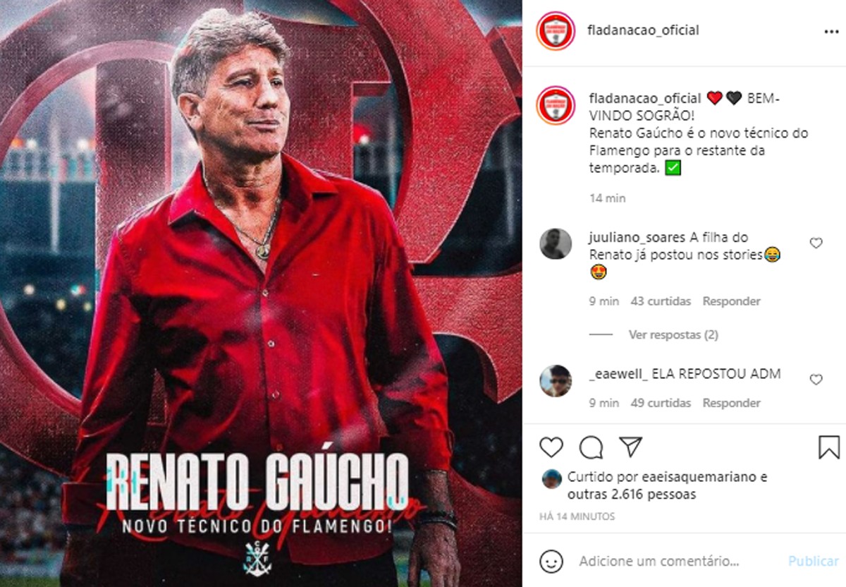 Renato Gaúcho é confirmado como técnico do Flamengo (Foto: Reprodução/Instagram)
