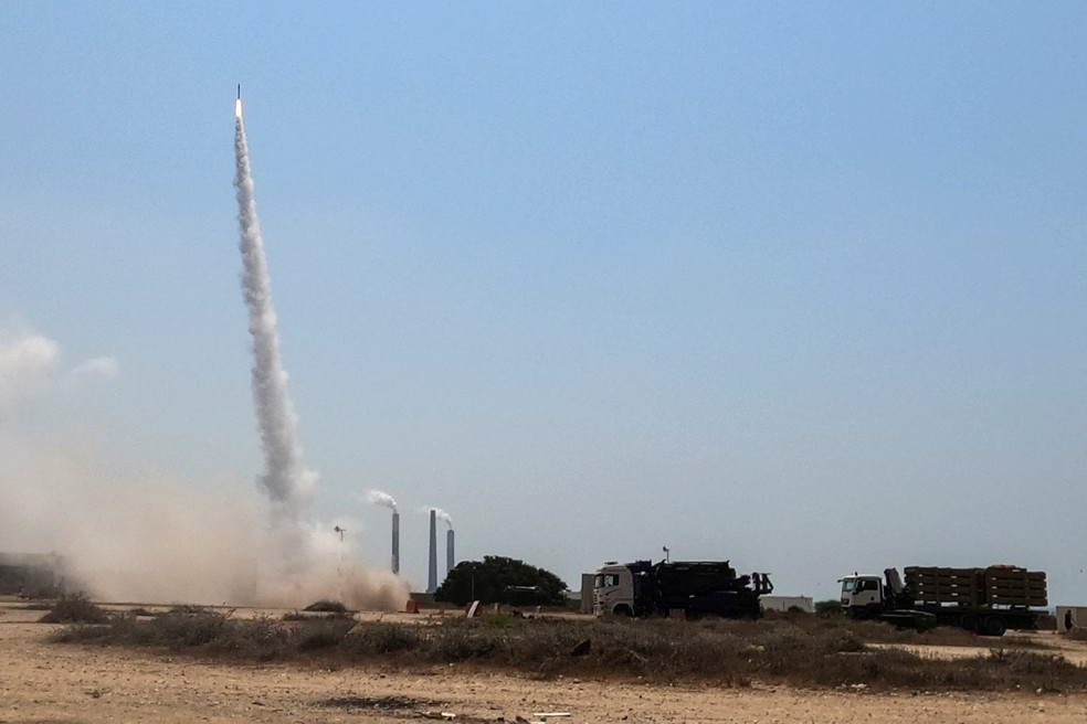 Sistema antimísseis de Israel em ação, em 6 de agosto de 2022 — Foto: Ilan Rosenberg/Reuters