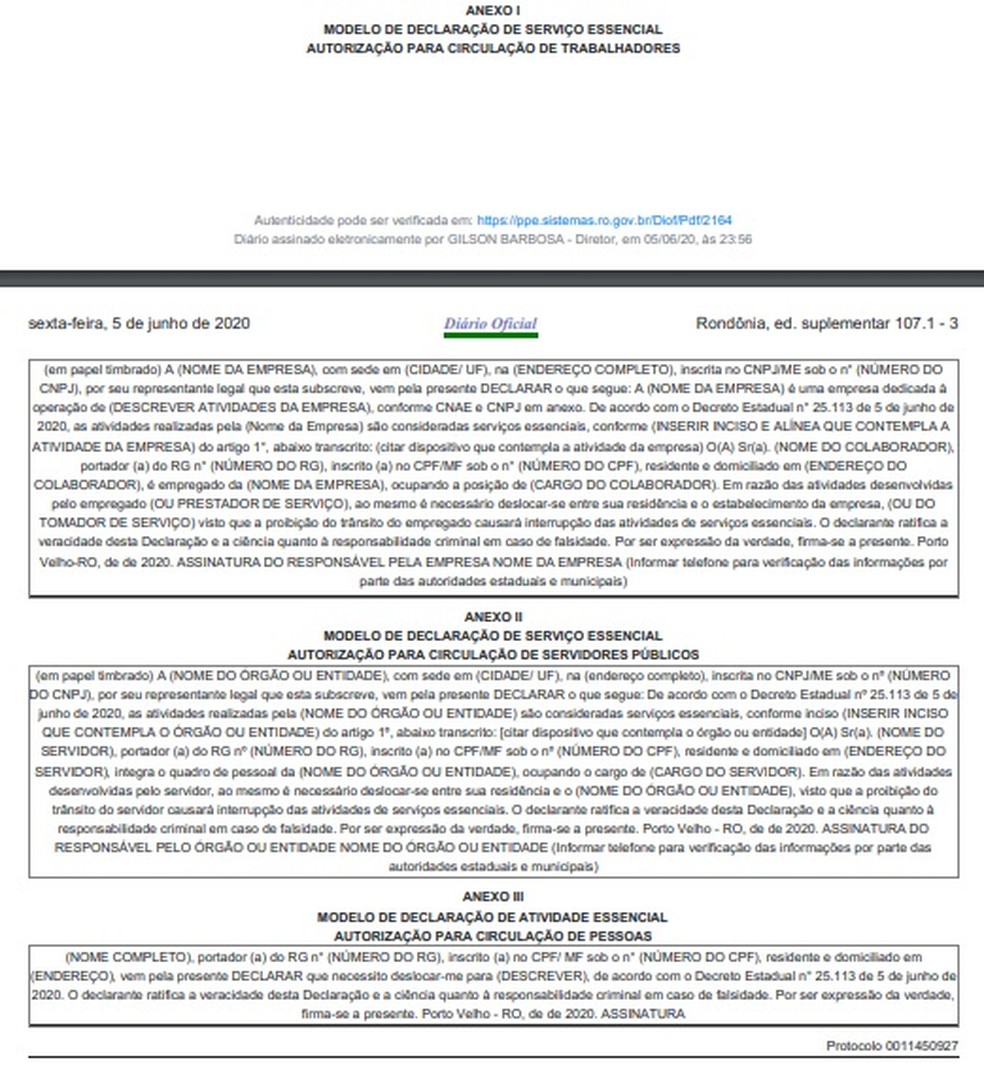 Três anexos podem ser encontrados no decreto de isolamento social restritivo.  — Foto: Reprodução/Governo de Rondônia