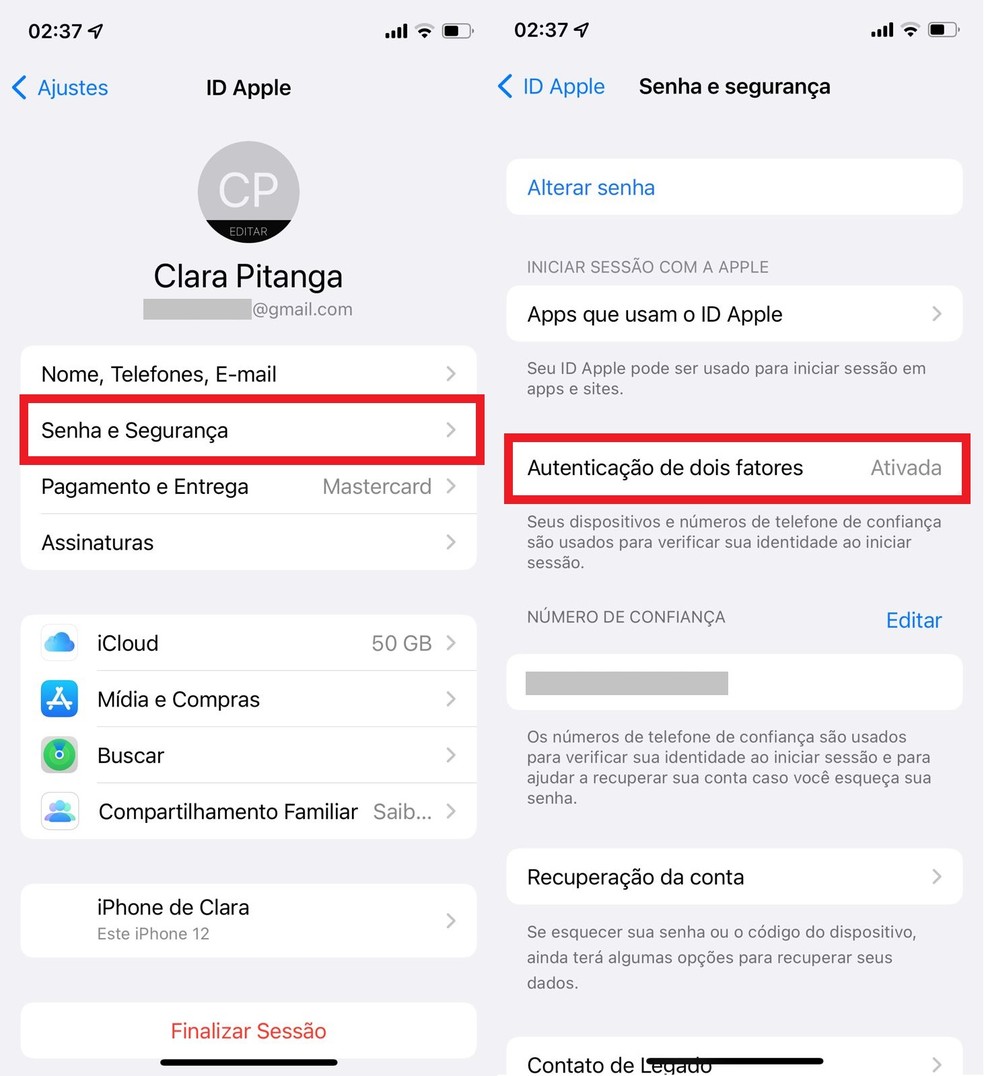 Habilitando a autenticação de dois fatores no iPhone (iOS) — Foto: Reprodução/Clara Fabro
