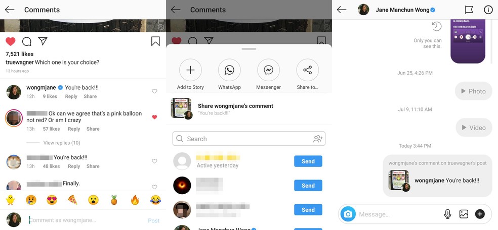 Instagram está testando função que permite compartilhar comentários por Direct — Foto: Reprodução/Jane Manchun Wong