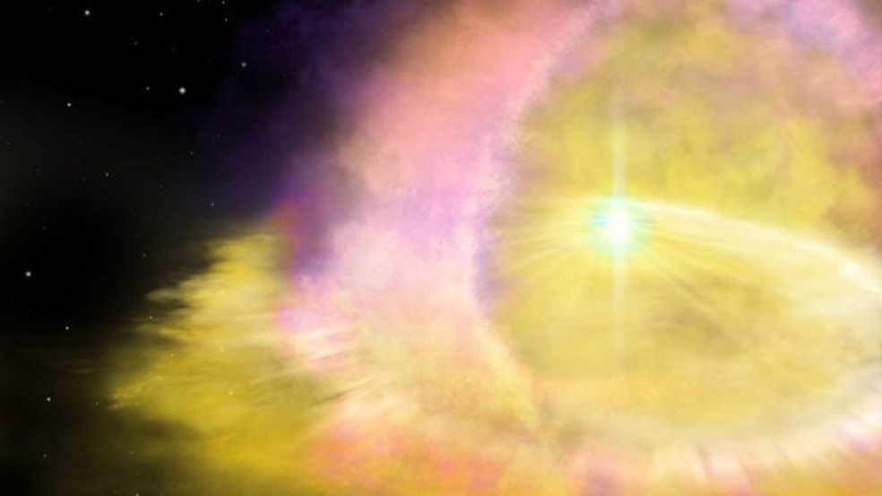 A supernova SN2016aps tinha uma massa entre 50-100 vezes maior que o Sol (esta é uma ilustração artística de uma supernova brilhante) — Foto: NORTHWESTERN UNIVERSITY