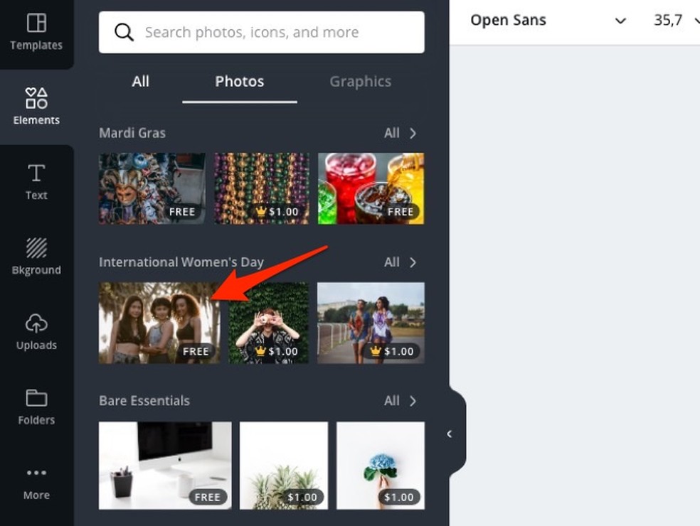 Ação para usar o Canva uma imagem livre de direitos autorais — Foto: Reprodução/Marvin Costa