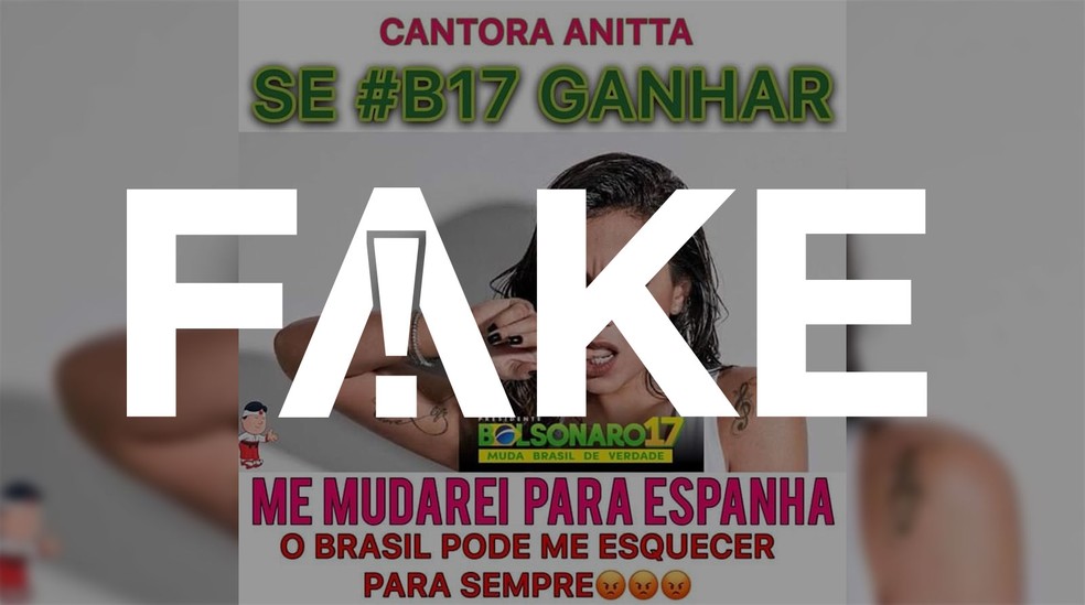 É #Fake que cantora Anitta disse que se mudaria para Espanha se Bolsonaro vencer a eleição — Foto: Reprodução, Facebook