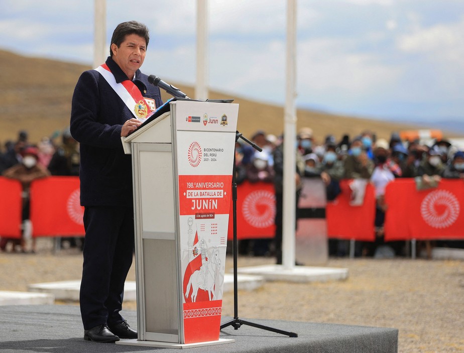 Presidente do Peru, Pedro Castillo, durante cerimônia em Junín, na região andina