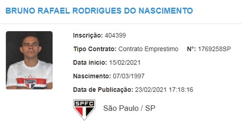 Bruno Rodrigues é registrado no BID da CBF como jogador do São Paulo — Foto: Reprodução