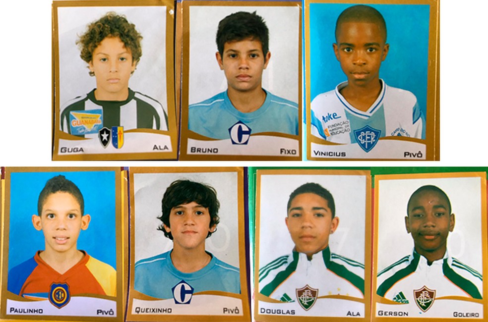 Figurinhas da Superliga de Futsal do Rio de 2010: Guga, Bruno Guimarães, Vini Jr, Paulinho, Pedro, Douglas e Gerson — Foto: Infoesporte
