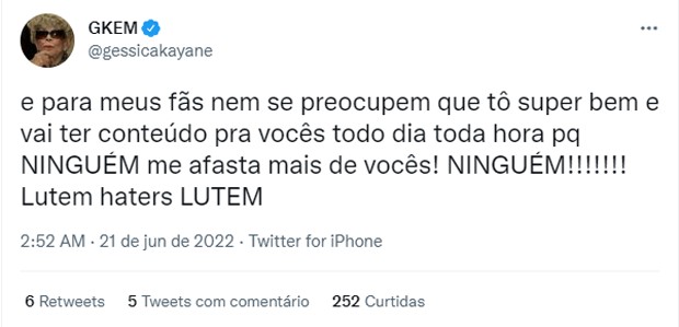 GKay desabafa na web após ataques de haters (Foto: Reprodução/Twitter)