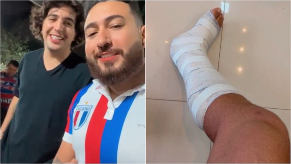 Cantor Nattanzinho (à esquerda) com o barbeiro Izais Fernandes (à direita) socorrido pelo artista após romper um ligamento do tornozelo. — Foto: Reprodução
