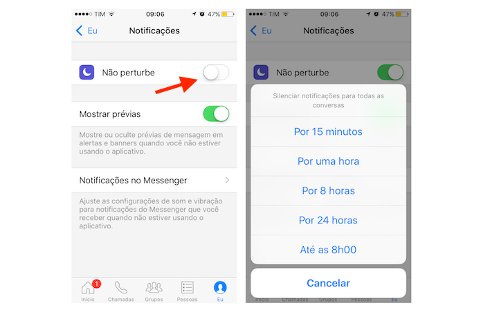 Ativando o modo não perturbe do Facebook Messenger para iPhone (Foto: Reprodução/Marvin Costa)