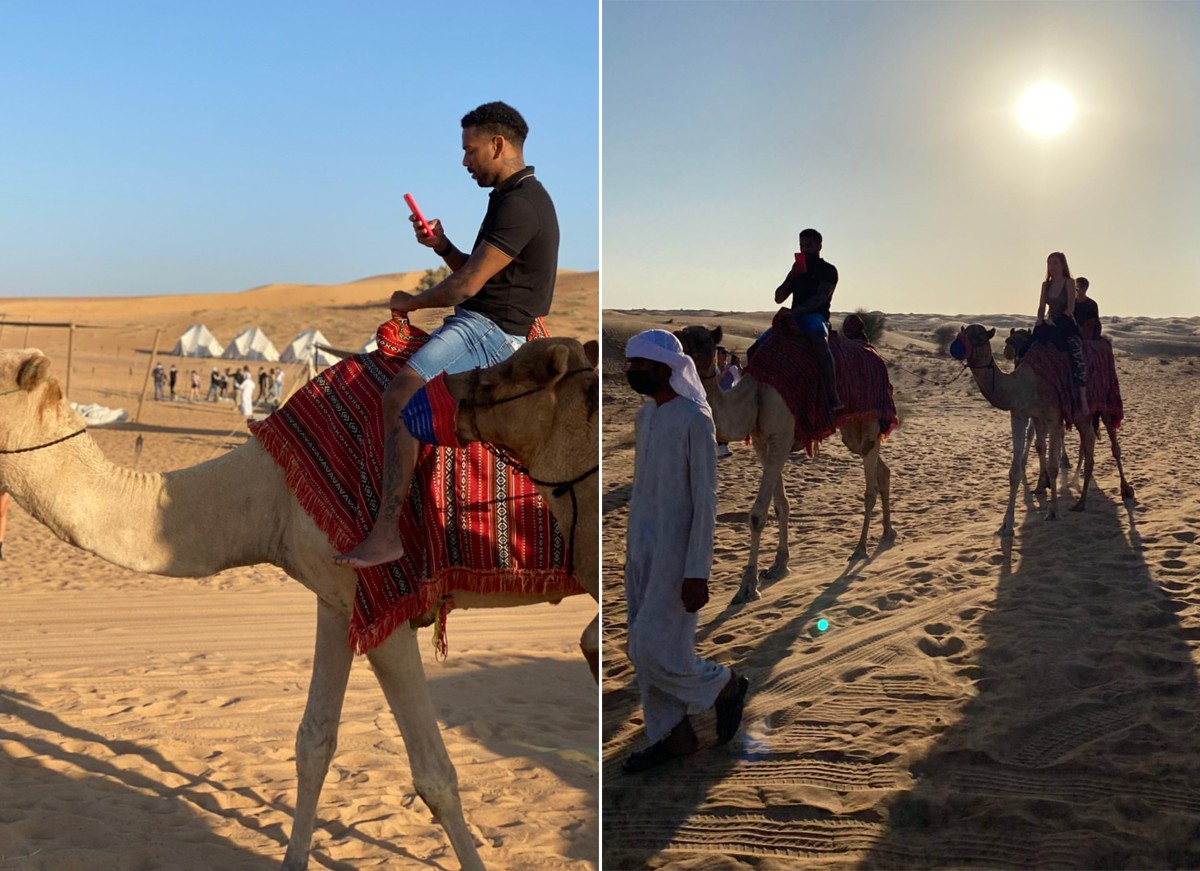 Nos Emirados Árabes, Nego do Borel faz passeio de camelo no deserto