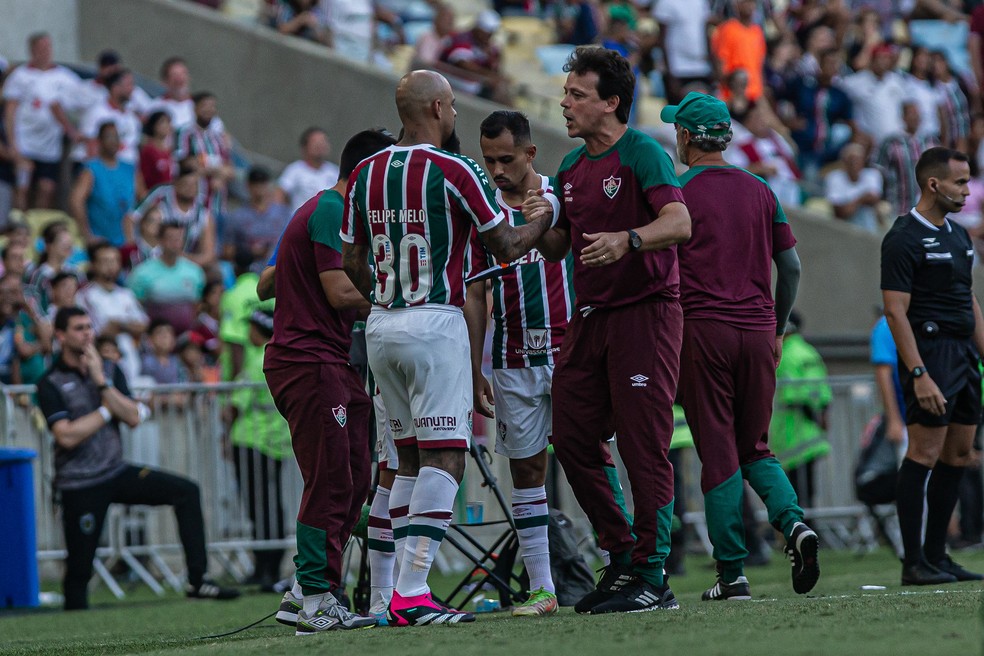 Diniz comemora com Felipe Melo — Foto: Mailson Santana/Fluminense