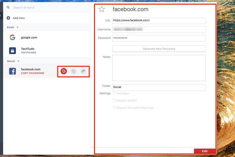 Ações para dados de acesso de um site salvos no software LastPass para Mac — Foto: Reprodução/Marvin Costa
