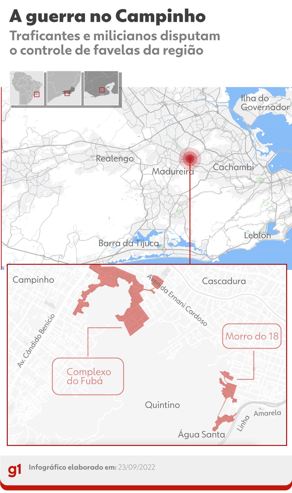 Mapa localiza o maciço onde estão o Morro do Dezoito e o Complexo do Fubá — Foto: Infografia: Juan Silva/g1