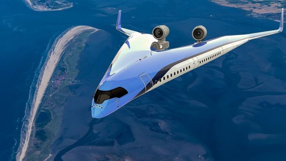 O projeto do Flying-V veria os passageiros transportados nas asas da aeronave — Foto: TU Delft via BBC