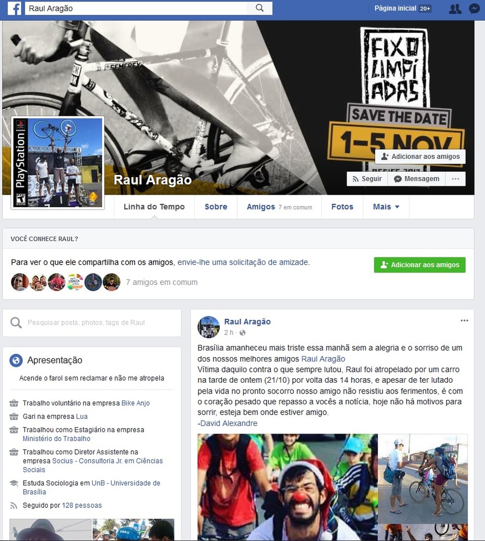 Amigo de ciclista da ONG Rodas da Paz que morreu atropelado em Brasília faz homenagem em rede social (Foto: Reprodução)