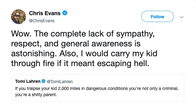 A resposta do ator Chris Evans ao ataqe da comentarista política a imigrantes (Foto: Twitter)