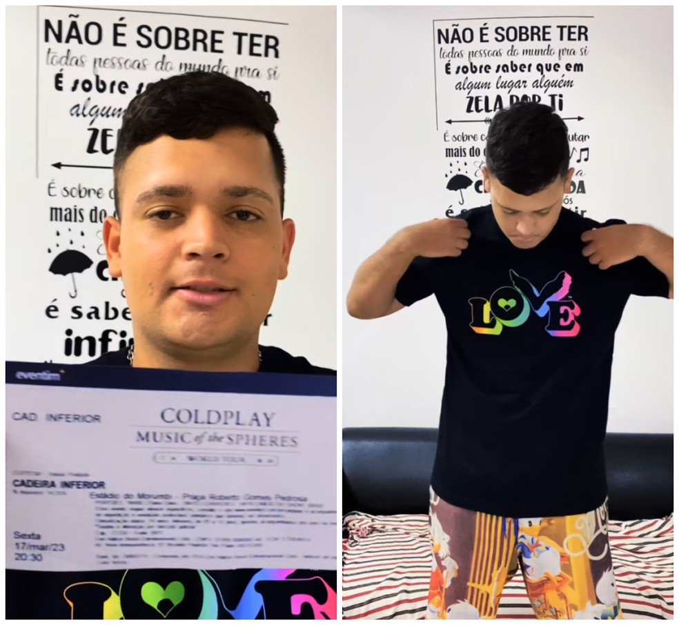 Rapaz que irá ao show do Coldplay pela SP Invisível segurando ingresso e vestindo camiseta da Love Button — Foto: Reprodução/Redes Sociais