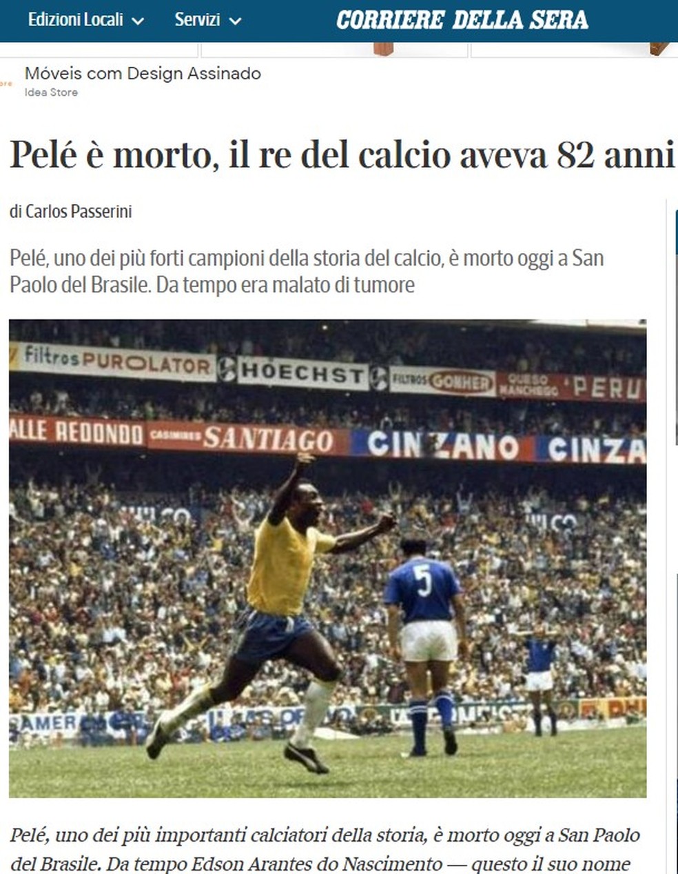 Morte de Pelé é noticiada no 'Corriere della Sera' — Foto: Reprodução/Corriere della Sera