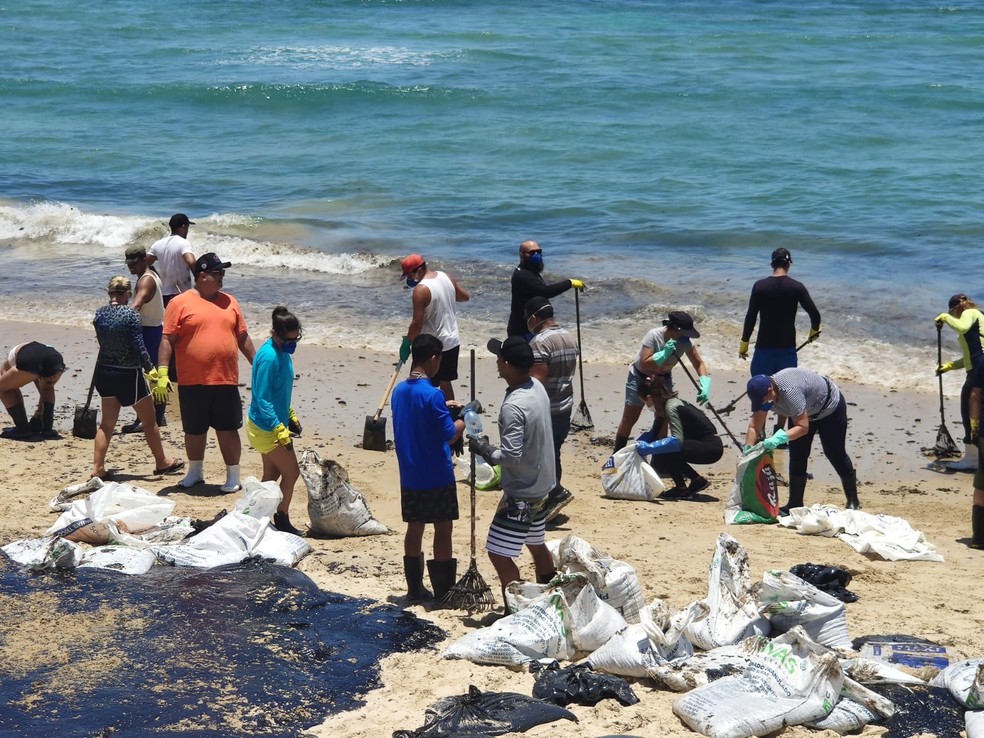 No Grande Recife, Praia do Paiva passa por limpeza, nesta segunda-feira (21), após ser atingida por óleo — Foto: Oton Veiga/TV Globo
