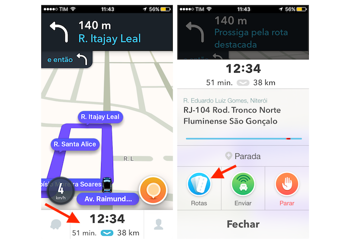 Acessando rotas alternativas no Waze para iPhone (Foto: Reprodução/Marvin Costa)