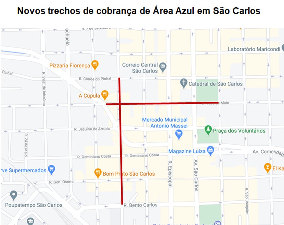 Novos trechos de cobrança da Área Azul de São Carlos — Foto: Arte G1