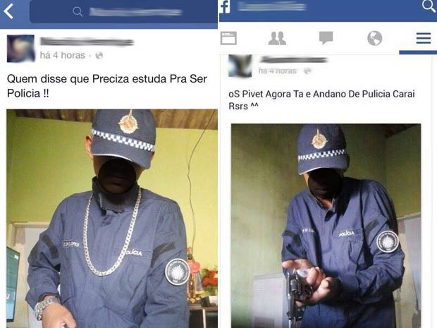 Publicações em rede social trazem suspeitos usando farda furtada de policial militar do Distrito Federal (Foto: Facebook/Reprodução)