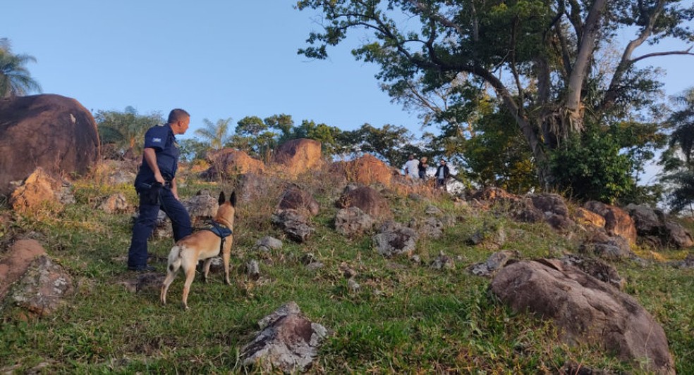 O GCM Charles Rodrigo Cruz com o cão Scotty durante as buscas em São João da Boa Vista (SP) — Foto: Guarda Civil Municipal/Divulgação