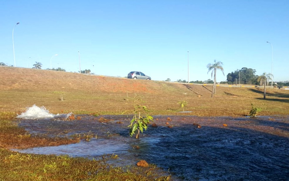 Vazamento de tubulação que distribui água para seis quadras no Lago Sul, em Brasília (Foto: Thadeu Prado/TV Globo)