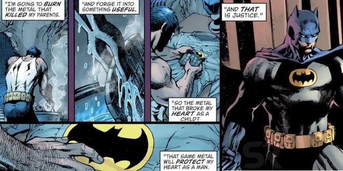 O quadrinho do herói Batman que mostra o herói derretendo a arma que matou seus pais e a incorporando em seu uniforme (Foto: Reprodução)