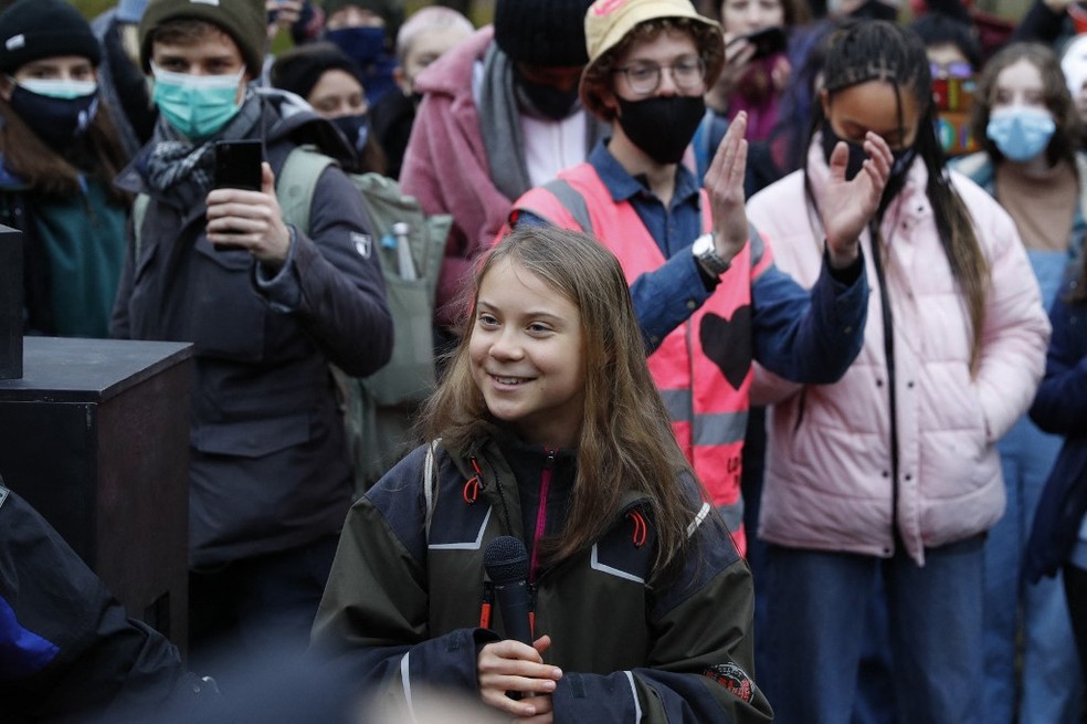 Greta Thunberg durante um protesto em Glasgow, na Escócia, em 1º de novembro de 2021 — Foto: Adrian Dennis/ AFP