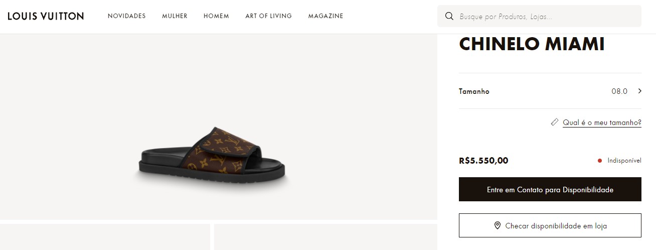 Chinelo da marca Louis Vuitton custa R$ 5,5 mil no site oficial da marca (Foto: Reprodução/Louis Vuitton)